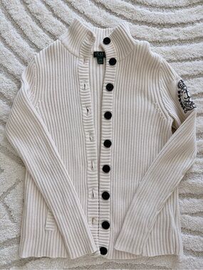 Ralph Lauren Cream Ribbed Button-Front Cardigan